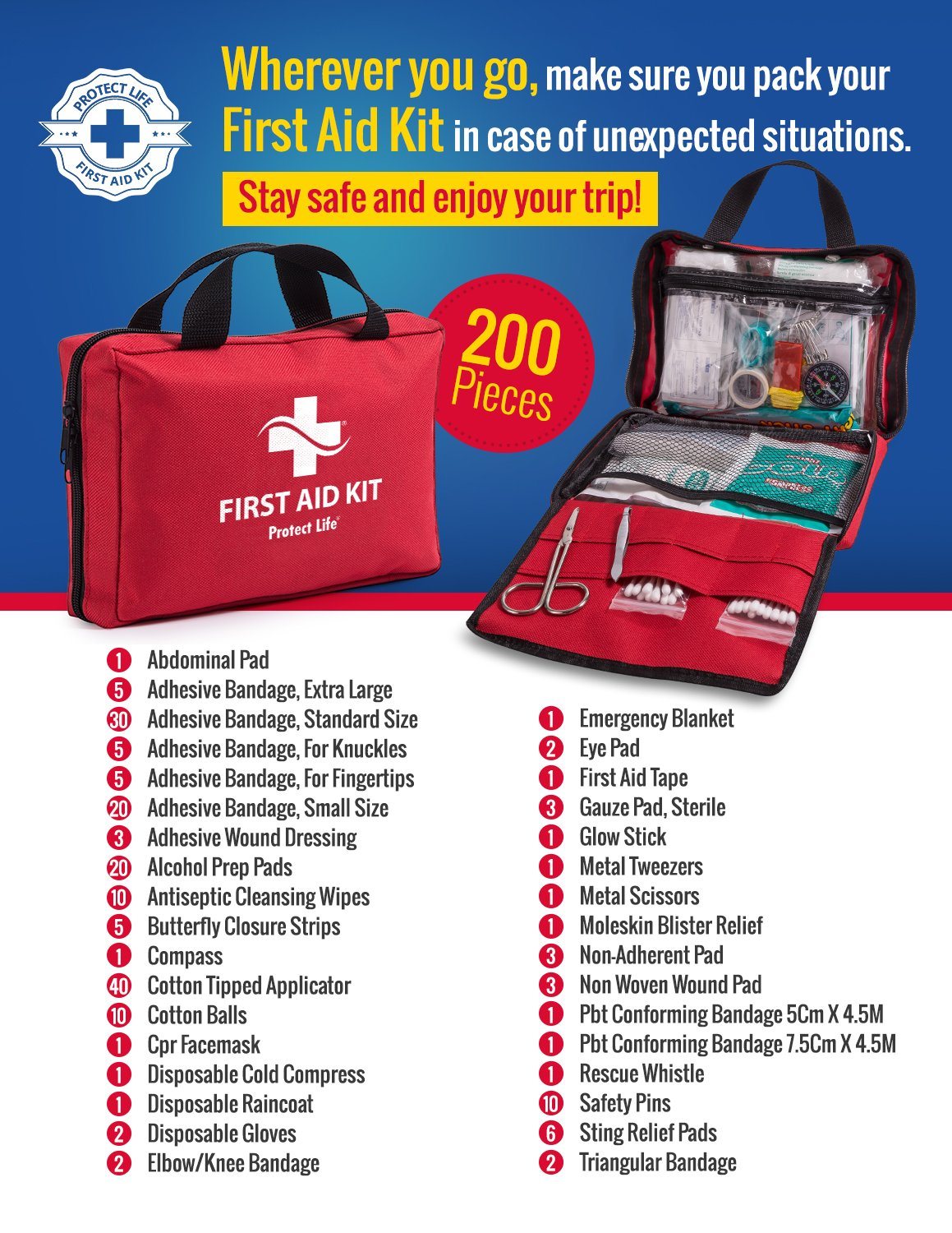 200-Piece Professional First Aid Kit for Home, Car or Work : Plus Emergency  Medical Supplies for Camping, Hunting, Outdoor Hiking Survival